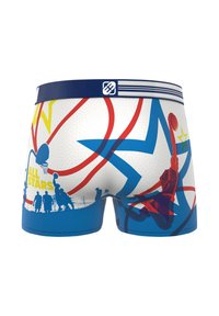 Boxers en coton avec une base blanche ornée de motifs abstraits bleu et rouge, une taille navy, et des silhouettes de basket-ball imprimées avec du texte.