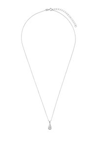 Srebrny naszyjnik z cienkim łańcuszkiem i łezkowatym wisiorkiem na środku. Gładka faktura i polerowane wykończenie. Regulowana długość.