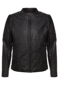 Giubbotto di pelle nera con colletto alto, chiusura frontale a zip e tasche laterali. Texture liscia con elementi di design minimalista e moderno.