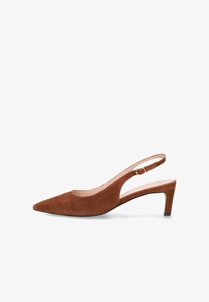 Brown suede pointed-toe slingback heel with a mid-height tapered heel and adjustable gold buckle strap.