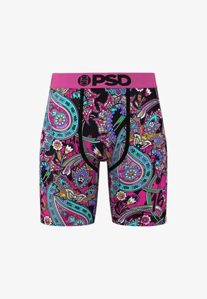 Black boxer shorts featuring a vibrant paisley pattern in pink, turquoise, and purple. Elastic waistband displays the "PSD" logo.