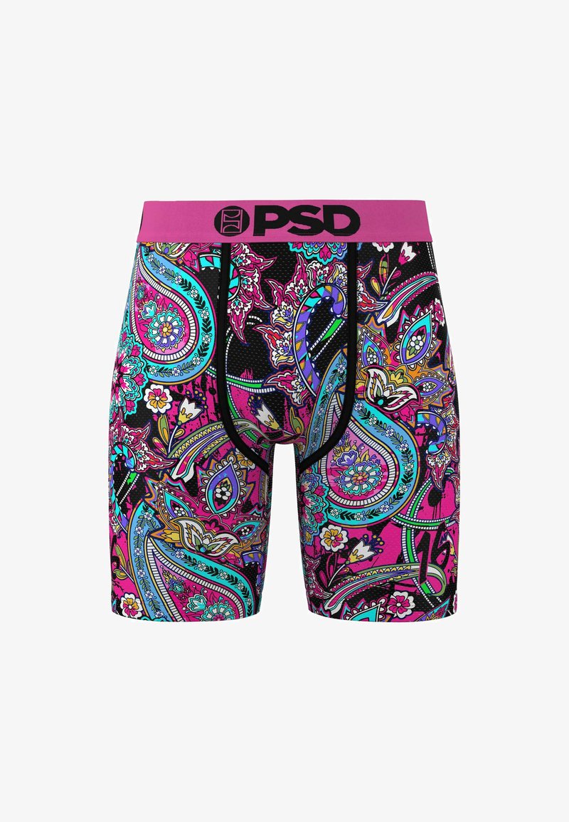 Fekete boxer alsónadrág élénk paisley mintával rózsaszín, türkiz és lila színekben. Az elasztikus derékpánton a "PSD" logó látható.