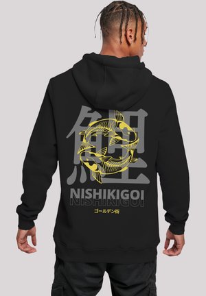Black hoodie featuring yellow koi fish graphic and Japanese text on the back, with ribbed cuffs and hem for a fitted look.