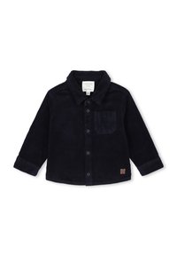 Marineblauwe corduroy shirt met lange mouwen, een kraag, sluiting met knopen aan de voorkant en een klein borstzakje. Voorzien van gestructureerde ribstof.