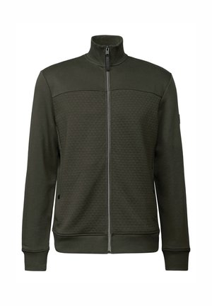 Olive green zip-up sweatshirt made of textured fabric. Features a stand-up collar and ribbed cuffs and hem. Smooth zipper with a circular pull.