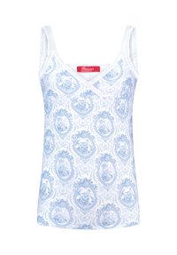 White tank top with light blue vintage pattern featuring oval medallions. V-neck design with narrow shoulder straps and fine ribbed trim.