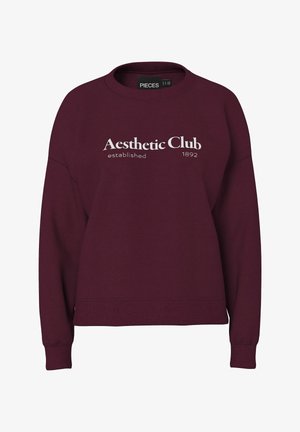 Sudadera burdeos con mangas largas, cuello redondo y puños acanalados. Presenta texto gráfico en blanco "Aesthetic Club established 1892" en el frente.