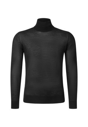 Pull noir à col roulé manches longues avec une texture lisse et ajustée, et des poignets et un ourlet côtelés sur fond blanc.