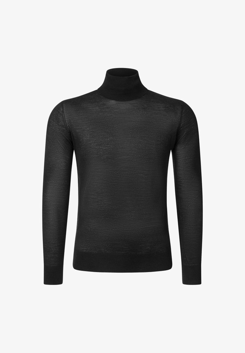 Pull noir à col roulé manches longues avec une texture lisse et ajustée, et des poignets et un ourlet côtelés sur fond blanc.