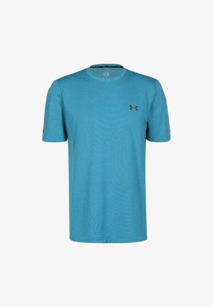 Sininen lyhythihainen t-paita, joka on valmistettu teksturoidusta kankaasta. T-paidassa on pyöreä kaula-aukko ja musta Under Armour -logo rinnassa.
