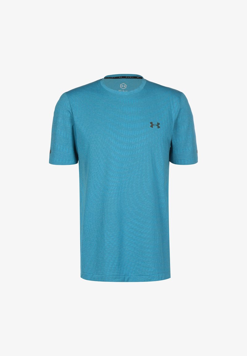 Modrá tričko s krátkým rukávem vyrobené z texturované tkaniny, s kulatým výstřihem a černým logem Under Armour na hrudi.