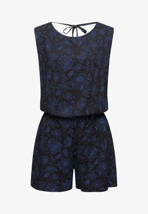 Black floral romper featuring blue floral patterns, sleeveless design, a tied back closure, and an elastic waistband for comfort.