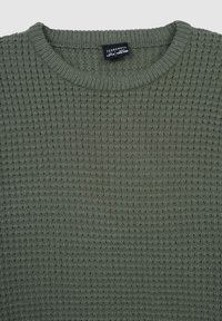 Maglione verde a trama con colletto girocollo, caratterizzato da un motivo a nido d'ape e un'etichetta nera con il nome del marchio 'Terranova'.