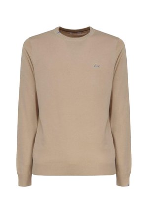 Maglione beige a maglia con maniche lunghe, collo rotondo e un sottile dettaglio del logo. Caratterizzato da una texture liscia e polsini e orlo a costine.