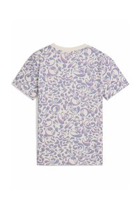 Kortärmad t-shirt i tyg med ett pastell-lila och blått abstrakt virvelmönster på en ljus krämfärgad bakgrund.