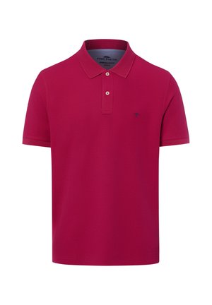 Einfarbig dunkelrosa Polohemd mit kurzen Ärmeln, Kragen, zwei Knöpfen und kleinem dunklen Logo auf der linken Brust.