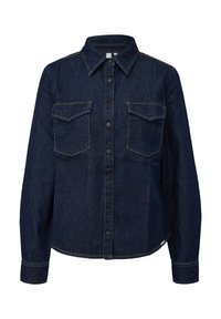 Camicia in denim scuro con colletto, maniche lunghe, due tasche sul petto e bottoni neri. Presenta cuciture a contrasto e una vestibilità morbida.