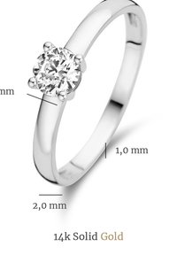Ringe aus 14 Karat massivem Gold mit einem runden, vierzackigen Diamant-Einsatz; Breite des Bands 2,0 mm, Dicke 1,0 mm, polierte Oberfläche.