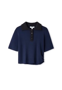 Námořnická modrá polo košile s krátkým rukávem, s textured ribbed límcem a zapínáním na knoflíky. Volný střih s postranními větracími detaily.