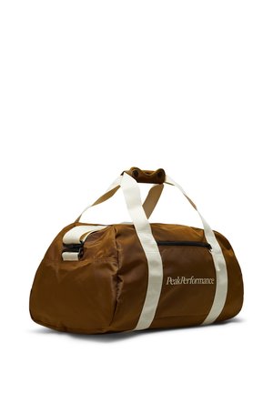 Brown duffel bag made of shiny nylon with white straps. Features a zippered pocket and logo text on the side. Rounded shape.
