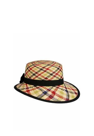 Straw hat with wide brim, multicolored plaid pattern, black band around crown, and black trim along the edge of the brim.