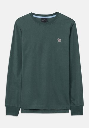 Long-sleeve dark green crew neck shirt with a small multicolored zebra logo on the left chest and ribbed cuffs.