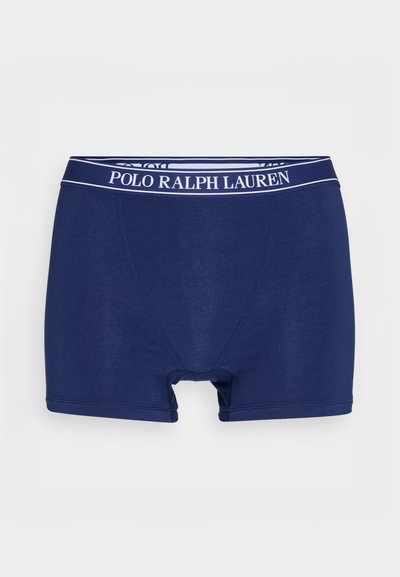 Tumedast sinised bokserid pehmest kangast, millel on lai elastne vöökoht, millel on valge "POLO RALPH LAUREN" bränding ja mugav sobivus.
