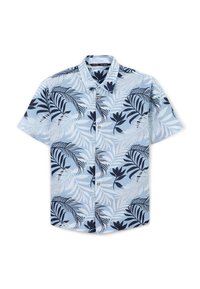 Camicia a maniche corte con bottoni in tessuto azzurro chiaro, caratterizzata da un audace motivo tropicale a foglia in blu navy scuro e bottoni decorativi.