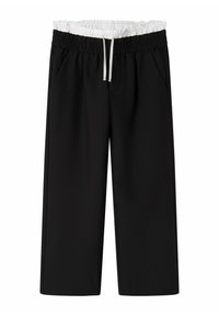 Pantalons noirs cropped avec une ceinture élastique blanche, détail de cordon de serrage, poches latérales et une texture de tissu lisse et doux.