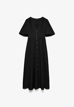 Robe midi noire avec manches courtes à volants, encolure en V, taille ajustée et une rangée de petits boutons dorés sur le devant.