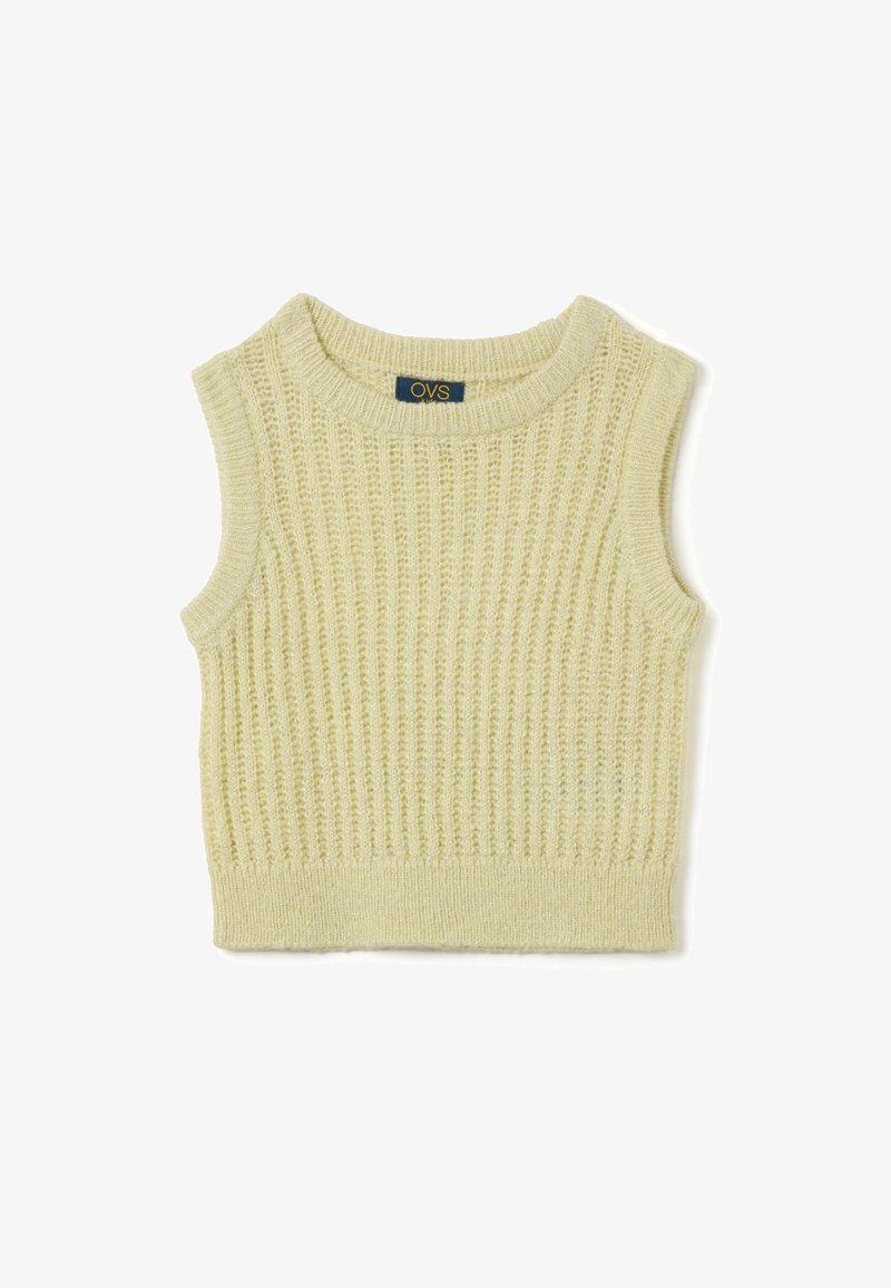 Top senza maniche lavorato a maglia di colore giallo chiaro, con texture a costine, scollatura tonda e orlo fitted. L'etichetta riporta "OVS."