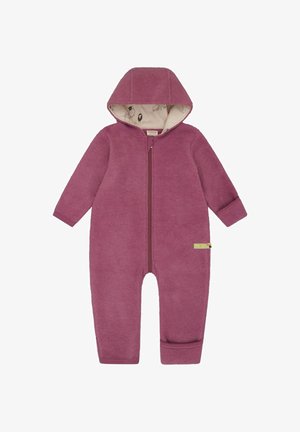 Tuta in pile di colore rosa scuro con cappuccio, zip frontale e polsini a coste. Presenta un morbido rivestimento crema con un motivo di pecore.