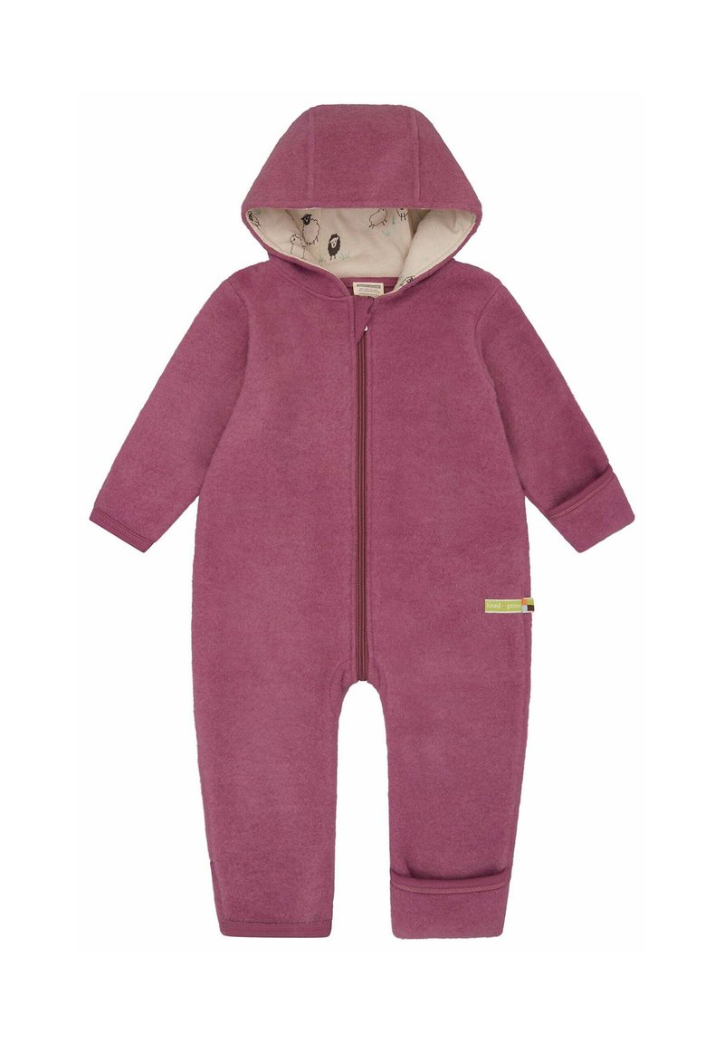 Tuta in pile di colore rosa scuro con cappuccio, zip frontale e polsini a coste. Presenta un morbido rivestimento crema con un motivo di pecore.