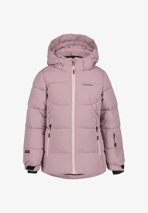 Helllila gepolsterte Winterjacke mit Kapuze, Frontreißverschluss, zwei Reißverschlusstaschen und verstellbaren Handgelenkschnallen.
