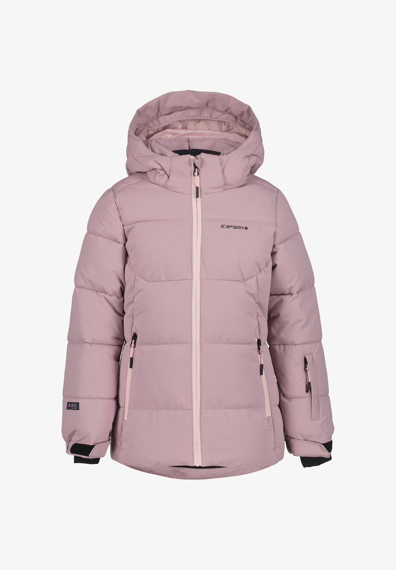Jasnofioletowa ocieplana kurtka zimowa z kapturem, z przodem na zamek błyskawiczny, dwoma kieszeniami na zamek błyskawiczny oraz regulowanymi mankietami.