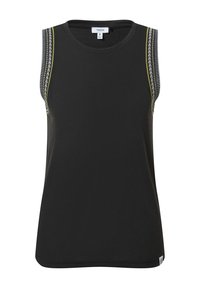 Black sleeveless top made of cotton with textured shoulder accents featuring striped patterns in white and yellow. Clean design, crew neckline.
