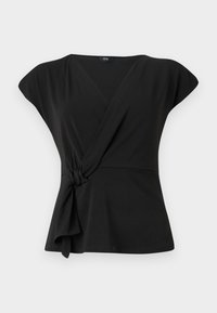 Top negru cu mâneci scurte, având un detaliu nod în talie și un material neted, elastic. Design cu decolteu în V.