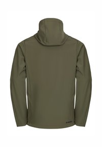 Oliven grøn softshell jakke med høj krave og fastgjort hætte, der har lange ærmer og et glat, struktureret stof.