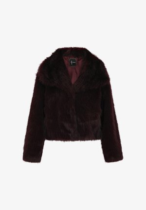 Bordeaux nepbont cropped jack met een zachte textuur, brede kraag en lange mouwen. Voering met een verborgen drukknoopsluiting.