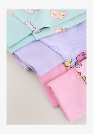 Četras pāru savītas kokvilnas zeķes pasteļtoņos: mellenzaļā, lavandas, rozā un ar karikatūru tēliem un rakstiem.