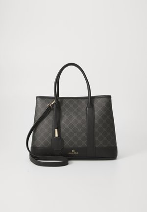 Sac fourre-tout en tissu gris texturé avec des accents en cuir noir. Dispose de poignées doubles et d'une longue sangle réglable. Logo doré à l'avant.