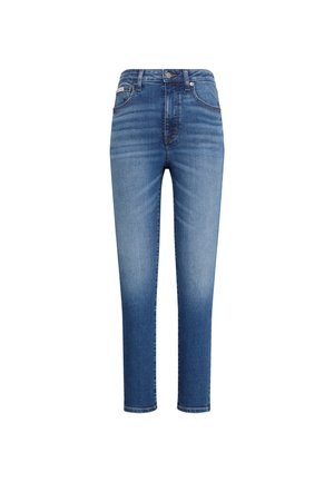 Τζιν παντελόνια skinny fit σε μπλε denim με ψηλή μέση, εμπρόσθιες τσέπες και ελαφριά ξεθώριασμα στους μηρούς και τα γόνατα.