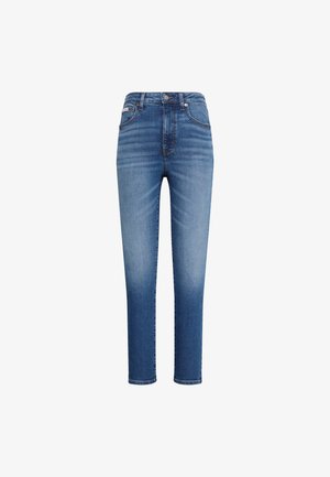 Jean slim fit en denim bleu avec taille haute, poches avant et légère décoloration sur les cuisses et les genoux.