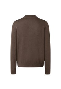 Brun stickad tröja, bakvy. Har långa ärmar, ribbade muddar och nedkant, samt en strukturerad tygfinish. Enkel, klassisk design.
