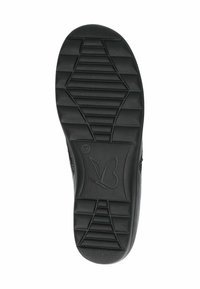 Fekete cipőtalp, amelyen textúrált gumi minta található a tapadásért, az oldalon pedig egy pillangó logó és a méretjelzés van bele préselve.