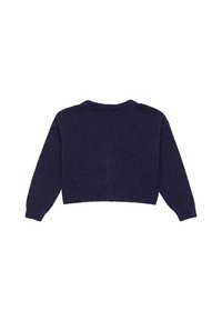 Mörkblå kort tröja, stickad struktur, långa ärmar, rundad halsringning, ribbad nederkant och ärmslut, enfärgad design utan synliga mönster.