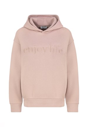 Light pink hoodie with "enjoy life" embroidered on the front. Features a drawstring hood and ribbed cuffs and hem. Soft fabric texture.