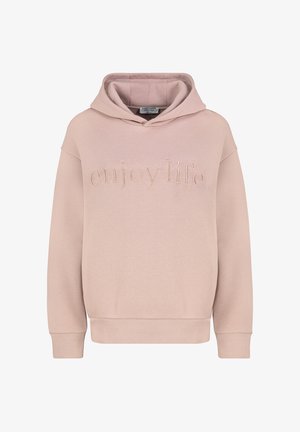 Lichtroze hoodie met "geniet van het leven" geborduurd op de voorkant. Bevat een capuchon met trekkoord en ribgebreide manchetten en zoom. Zachte stofstructuur.