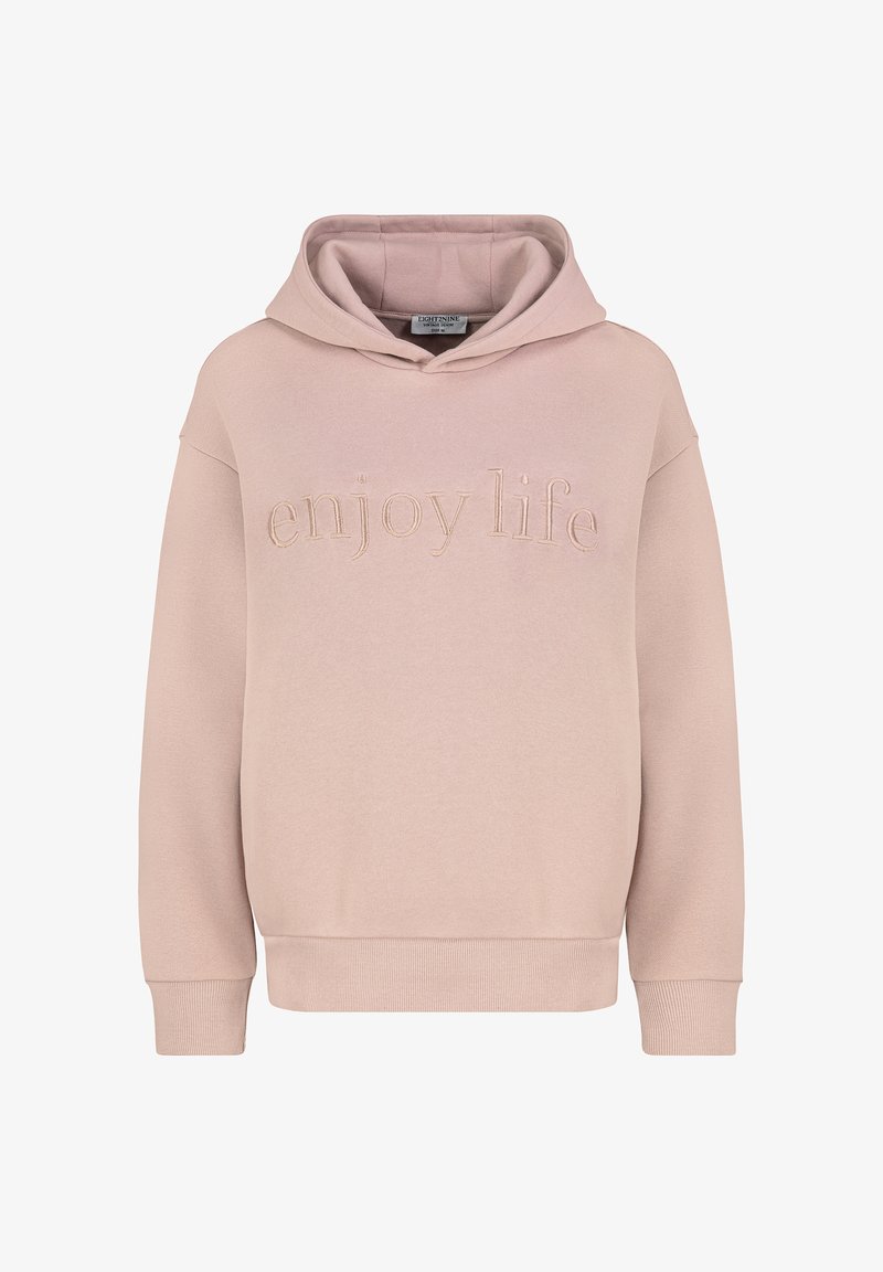 Lichtroze hoodie met "geniet van het leven" geborduurd op de voorkant. Bevat een capuchon met trekkoord en ribgebreide manchetten en zoom. Zachte stofstructuur.