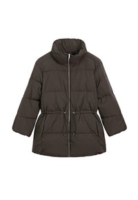 Ciemnobrązowa pikowana kurtka puchowa z wysokim kołnierzem, zapinana na zamek, z elastycznym sznurkiem w talii oraz długimi, szerokimi rękawami. Gładka, pikowana faktura.